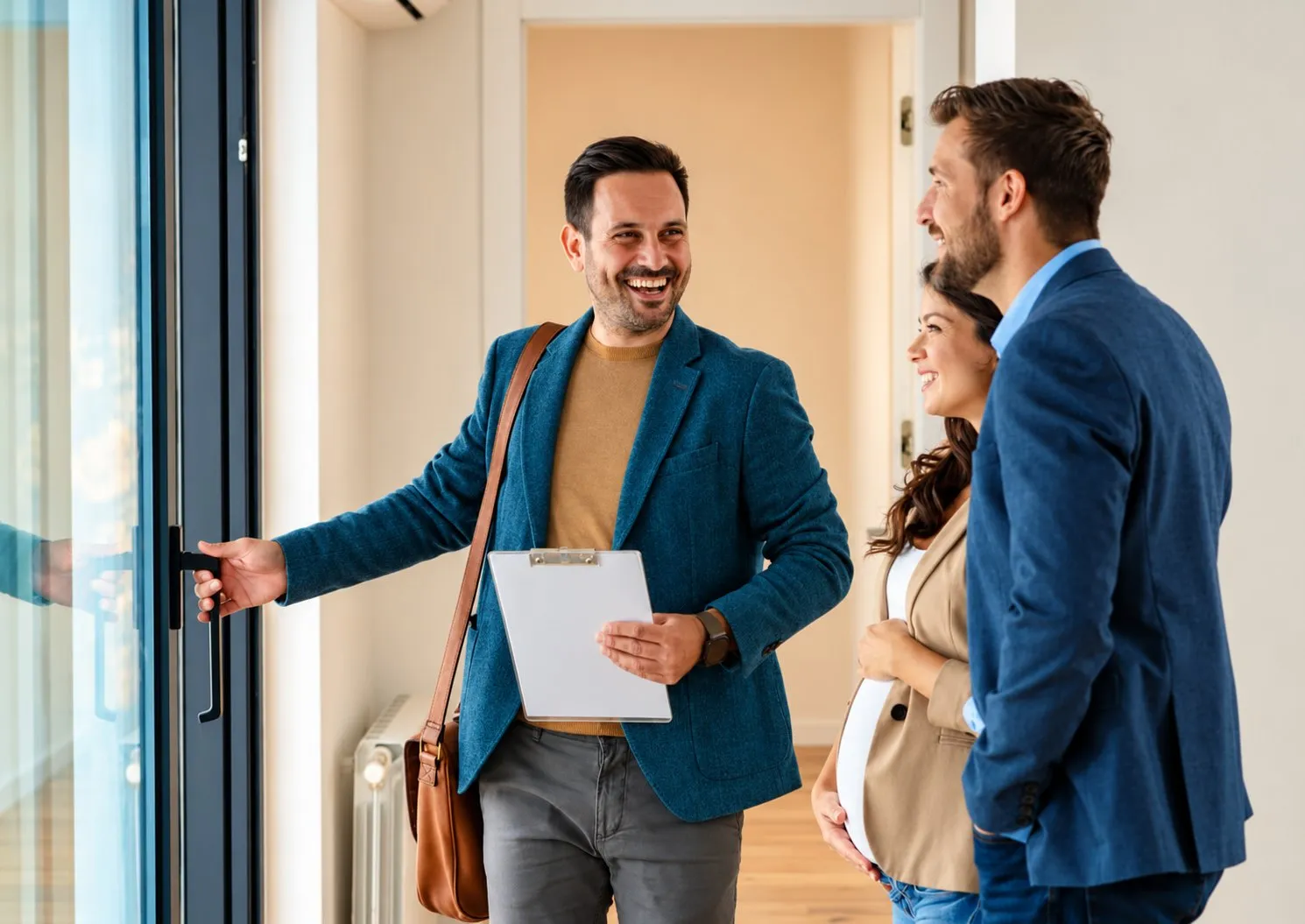 Un agent immobilier fait visiter un appartement à un couple